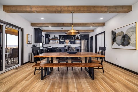 This great open kitchen, dining and living room floor plan is perfect for family gatherings.