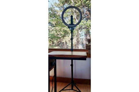 Computer desk with 12" Ring light with 6ft tripod for Zoom meetings.