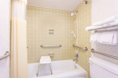 Combined shower/tub, free toiletries, hair dryer, towels