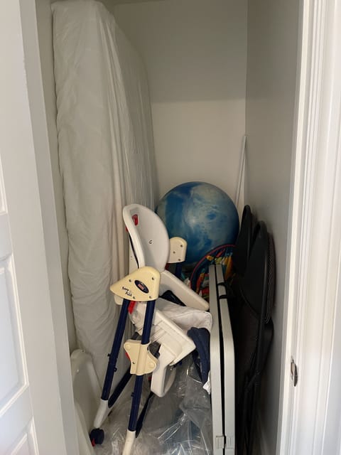 Baby high chair, play chair and baby bath basin available in storage room 