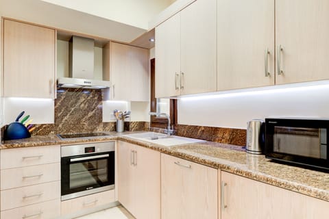 Luxury Apartment | Private kitchen | Full-size fridge, microwave, oven, stovetop