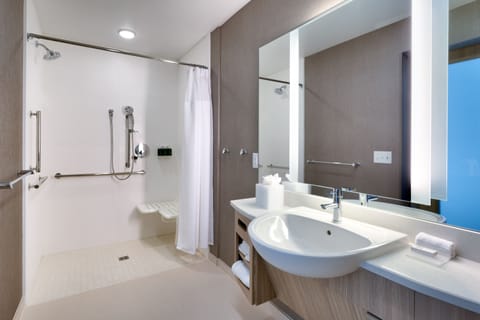 Suite, 1 King Bed (Mobility Accessible, Roll-In Shower) | Bathroom | Free toiletries, hair dryer, towels