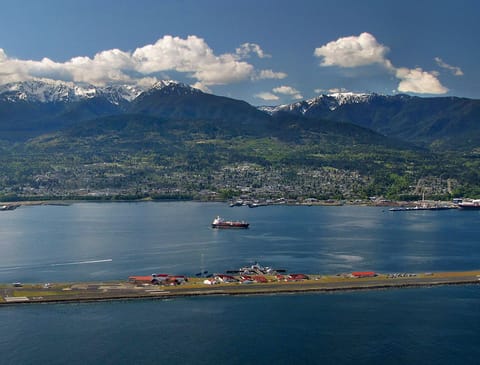 Port Angeles harbor and the Olympic mountains from the air.