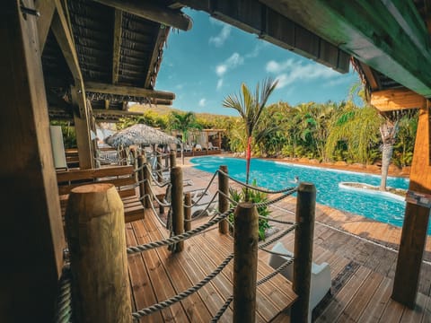 Outdoor pool, pool umbrellas, sun loungers