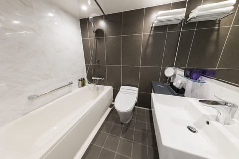 Combined shower/tub, free toiletries, hair dryer, slippers