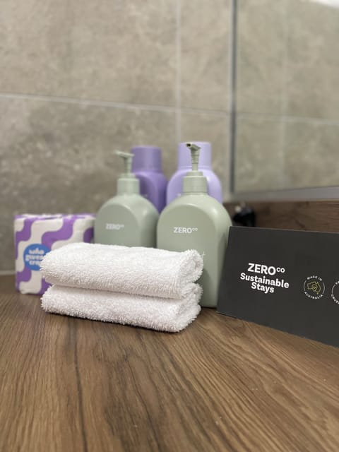 Eco-friendly toiletries, hair dryer, towels, soap