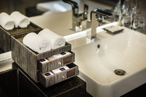 Premier Room | Bathroom | Designer toiletries, hair dryer, bathrobes, slippers