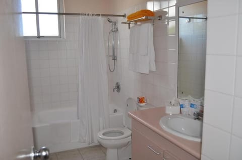 Combined shower/tub, free toiletries, hair dryer, towels