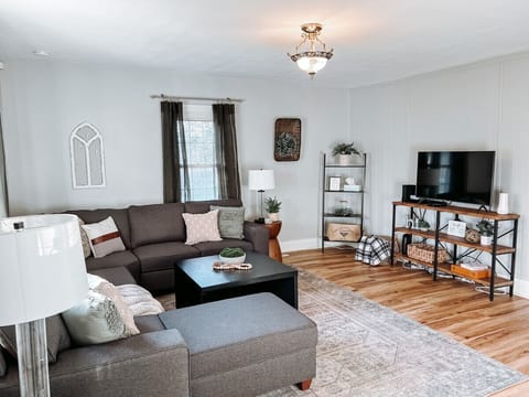 Entertainment area with sofa coffee table and flat TV - Shelving with accents and natural decor details - Relax watch shows or enjoy cozy nights in this space
