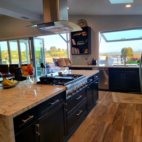 Kitchen island, note cafe window that opens over the sink to the patio