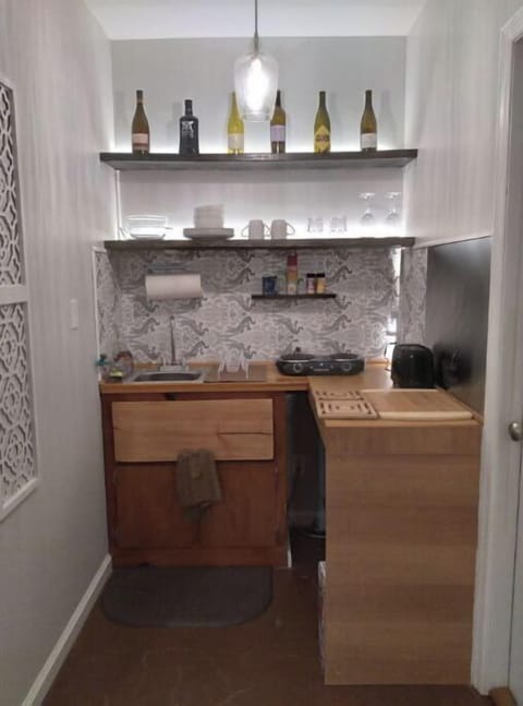 Kitchenette with two-eye countertop stove, toaster, sink.