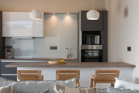 The rough-luxe kitchen is well-equipped for a self-catering stay.