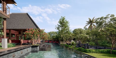 Le Cafe Rouge overlooking the main pool, beautiful Balinese temples
