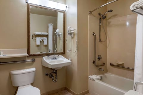 Combined shower/tub, free toiletries, hair dryer, towels