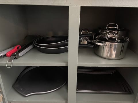 We are fully stocked with cookware and frying pans, casserole dishes, mugs, plates, bowls, salad bowls, etc. We are equipped for guests who stay for months at a time