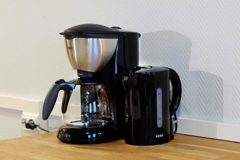 Mini-fridge, microwave, coffee/tea maker, electric kettle