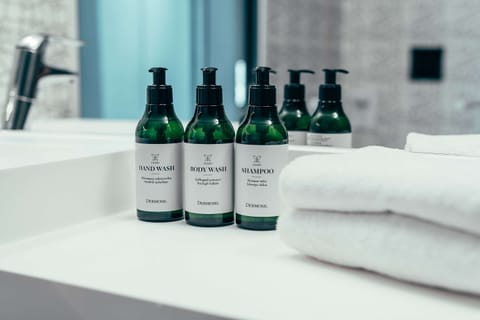 Shower, hydromassage showerhead, eco-friendly toiletries, hair dryer