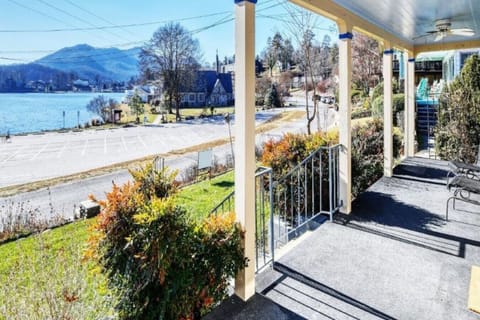 View of lake and chapel from front porch