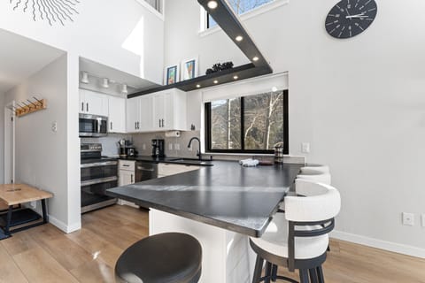 Updated full-size kitchen with stainless steel appliances and new countertops.