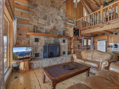 Cabin, Multiple Beds, Patio | Living area | TV, fireplace