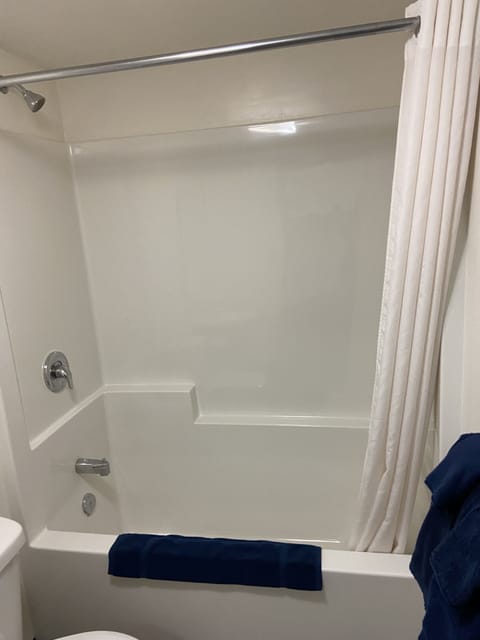 Combined shower/tub, free toiletries, towels