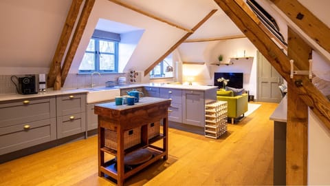 Kitchen looking to living area, The Hayloft, Bolthole Retreats