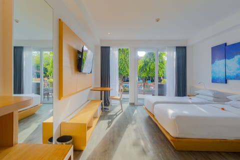 Premium Room, 2 Twin Beds, Pool View | Minibar, in-room safe, desk, laptop workspace