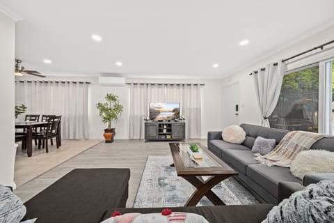 Take a break and unwind on the comfortable living room sofa.
