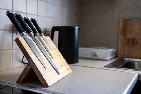 Full-size fridge, dining tables