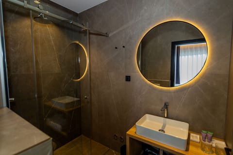 Deluxe Room | Bathroom | Shower, rainfall showerhead, designer toiletries, hair dryer