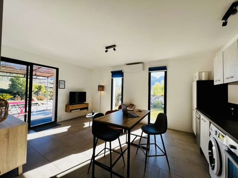 overview of living room, lounge and terrace garden pool