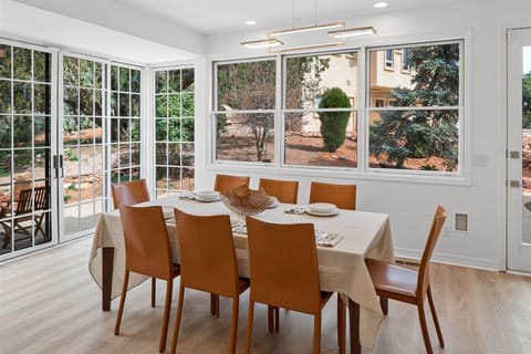 The dining table seats all 8 guests