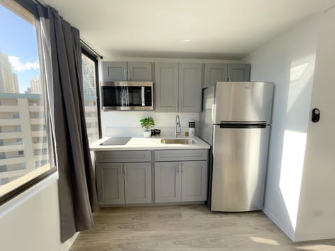 Studio | Private kitchen | Full-size fridge, microwave, stovetop, coffee/tea maker