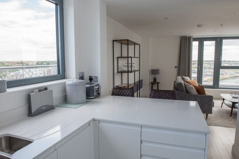 City Penthouse | Private kitchen | Full-size fridge, microwave, oven, stovetop