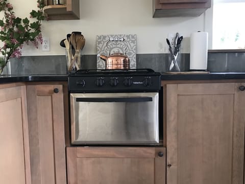 A propane stove/oven, toaster, crock pot, electric tea kettle, fridge/freezer...