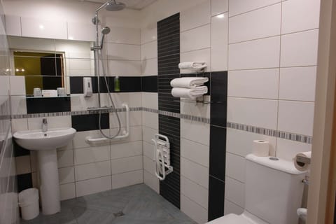 Shower, free toiletries, hair dryer, towels