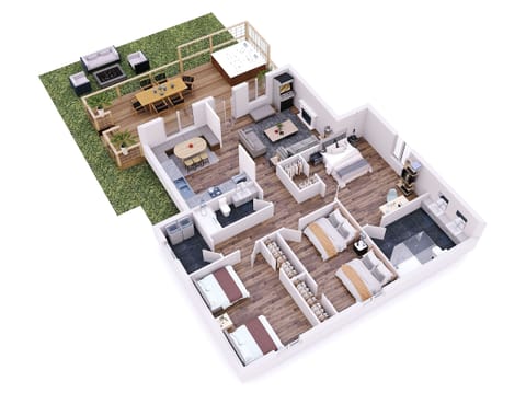 Cabin layout. Refer to photos for actual colors and design.