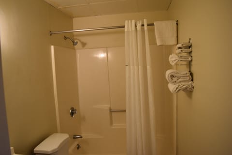 Combined shower/tub, rainfall showerhead, towels, soap