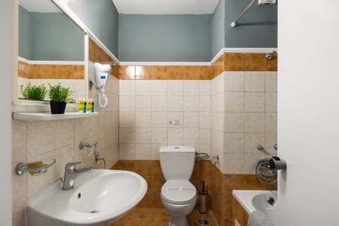Combined shower/tub, free toiletries, hair dryer, towels