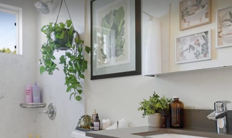 Modern, bright bathroom with tub + shower + spa-like decor.