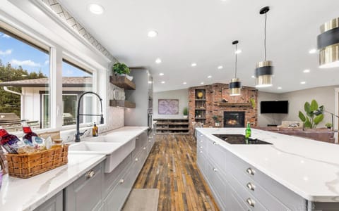 fully stocked kitchen with welcome basket