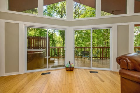 Sliding glass doors to hot tub, wrap around patio.
