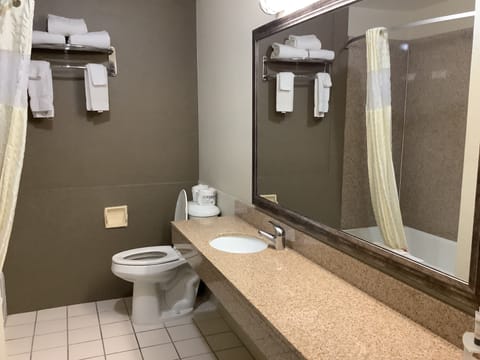 Combined shower/tub, hair dryer, towels, soap