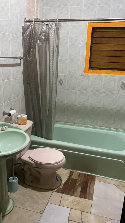 Shower, rainfall showerhead, soap, toilet paper