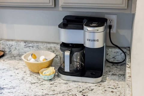 Brew fresh coffee with our Keurig and savor it at the breakfast bar or on the deck