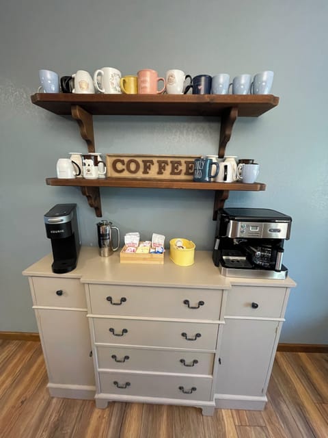 Coffee bar- Keurig, coffee maker, French press, k-cups, hot coco, creamer, sugar