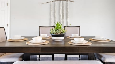 Dining room table with 4 chairs and a bench. Table extends if needed!