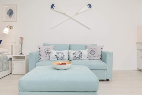 Modern and bright studio with a sofa bed and TV.