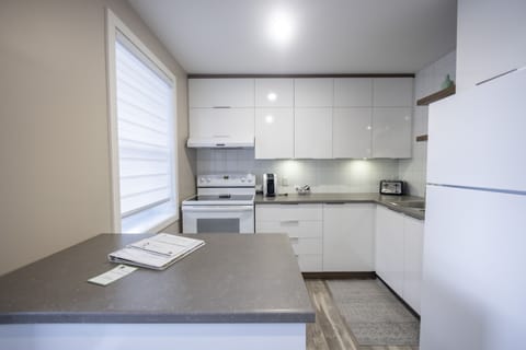 Appartement de deux chambres a coucher + divan-lit | Private kitchen | Full-size fridge, microwave, oven, toaster