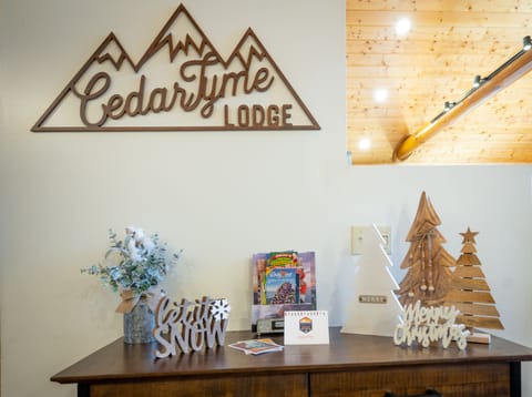 Warm welcomes begin here: Winter decor adorns the cabin during the holidays.